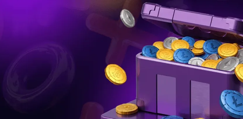 Banner de IXO Games: cofre violeta lleno de monedas